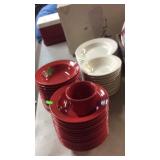 GROUP OF STONEWARE DISHES, RED & WHITE