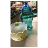 GLASS LAMP SHADE & COVERED GLASS JAR
