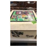 POKER CHIPS & WOODEN BOX W/ PLAYING CARDS