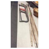 MEAT SAW, HACK SAW & ANTIQUE TRIPOD