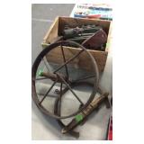 WOOD BOX W/ MEATL PIECES & ANTIQUE IRON WHEEL