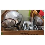 SALAD SPINNER, SILVERWARE, GLASS PITCHER & MISC