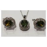 PERIDOT COLOR & CZ  EARRINGS & NECKLACE