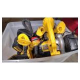 TUB OF DEWALT 18V POWER TOOLS AND CHARGERS