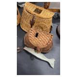 2 CREELS AND WOOD CARVED FISH