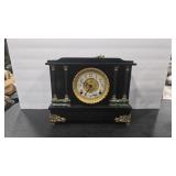 ANTIQUE MANTLE CLOCK W/ MARBLE ACCENTS AND KEY