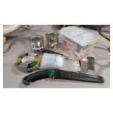 2 HATCHETS, HAND SAW AND ASST SURVIVAL GEAR