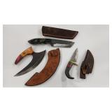 3 DAMASCUS STYLE KNIVES W/ SHEATHS