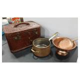 VINTAGE REPTILE PRINT SUITCASE & COPPERWARE