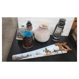 PAINTED SAW AND POTTERY ASSORTMENT