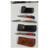 3 DAMASCUS STYLE POCKET KNIVES W/ CASES