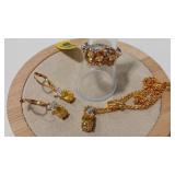 925 CITRINE COLOR NECKLACE EARRINGS & RING SZ 7