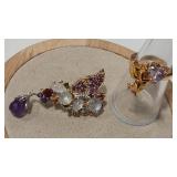 TOURMALINE COLOR 925 GOLD TONE RING SZ7 & AMETHYST