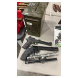 2 PELLET PISTOLS, SCOPES & AMMO BOX