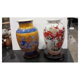 2 ASIAN THEMED VASES W/ WOOD BASES
