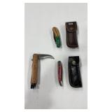 3 DAMASCUS STYLE KNIVES, 2 W/ SHEATHS