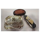 CHINOOK MT & STAMPED LEATHER BUCKLE & POCKET KNIFE