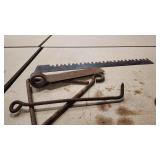 ANTIQUE DINNER BELL, SAW BLADE AND FROE