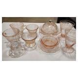 PINK DEPRESSION WATER DISH, CREAM & SUGAR,