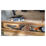 WOOD TOOL BOX W/ ASSORTED TOOLS & PAINTING