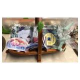 WOOD BASKET W/ MISC STICKERS & BEESWAX FOOD WRAP