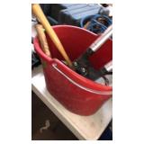 BUCKET OF HOLE SAWS, CRIMPER & MISC TOOLS