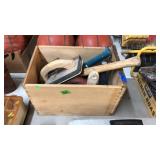 WOODEN BOX W/ MISC TOOLS & GLOVES