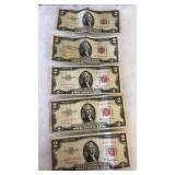 5 SERIES 1953 TWO DOLLAR BILLS