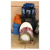 GROUP OF NO SALE ITEMS, DISHES, TENT, COOLER,