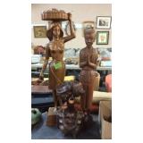 2 WOOD CARVED STATUES & FERTILITY STATUE BUST