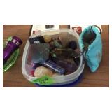 SMALL CONTAINER W/ CRYSTALS, POLISHED ROCKS