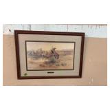 CM RUSSELL FRAMED PRINT ' THE BRONC IN A COW CAMP'