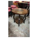 BLACK ROUND SIDE TABLE W/ INLAID LEATHER TOP