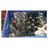 BLUE CRATE W/ VINEGAR BOTTLES & SODA BOTTLES