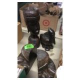 WOOD CARVED BOOK ENDS, CARVED BIRD & STATUE