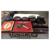 BX OF FISHING REEL BOXES & CAN EMPTY & 2 AMBASSADR