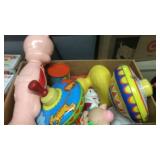 BX OF VINTAGE TOYS-METAL TOPS, PORKY PIG & MISC