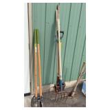 2 PITCH FORKS, RAKE & SHINGLE SHOVEL