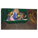 TOTE W/ PAINT TOOLS, MASONRY TOOLS, NAILS, NEW MR