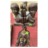 WOOD CARVED BOOK ENDS & WOODEN MASK