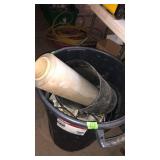 CLAMP ON LIGHTS, ROLL OF PLASTIC & GARBAGE CAN
