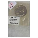 PROOF 1961 WASHINGTON QUARTER .900 SILVER