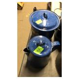 BLUE GRANITE WARE COFFEE POT & STOCK POT W/ LID