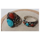 2 NATIVE AMERICAN VTG. TURQUOISE CORAL STERLING/