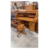 OAK VINTAGE ROLL TOP DESK 2 PC W/ CHAIR & LEATHER