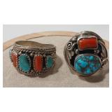 2 NATIVE AMERICAN VTG. TURQUOISE CORAL STERLING/