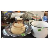 BX W/ BUDWEISER STEINS, BEAN POT & WHITE ENAMEL