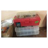 SMALL RED UTILITY BOX, 2 ORGANIZER TRAYS & MSIC