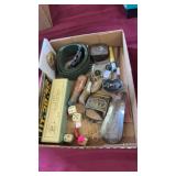 BX OF COLLECTIBLES, BELT BUCKLES, DICE, RUG BEETLE