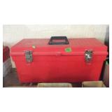 RED POLY TOOL BOX W/ MISC TOOLS INSIDE
